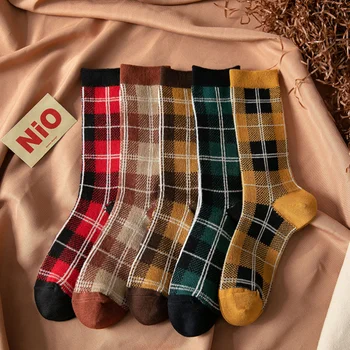 Ретро женски чорап в ивица и клетка, памук дневни дамски трикотаж носочные изделия в ретро стил харадзюку, британски стръмен, къс чорап, всекидневни